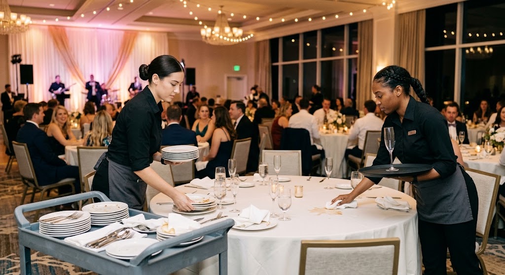 Event dining cleanup Houston, banquet table clearing staff, post-party cleanup team, wedding reception table clearing, party maintenance services.