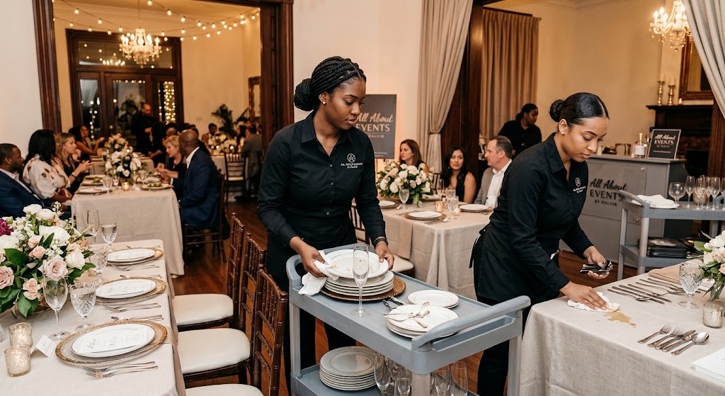 Private event setup and breakdown, party table maintenance Houston, residential event cleanup crew, private dinner bussers, post-party cleaning team.