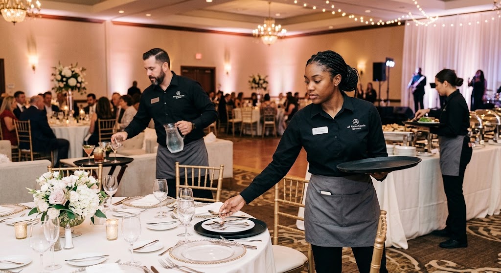 Professional wedding bussing and banquet staff clearing tables at a luxury reception