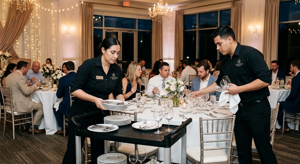 Budget event staffing Houston, affordable wedding waitstaff Texas, hired event bussing service, cheap banquet staff Houston, post-event table clearing crew.